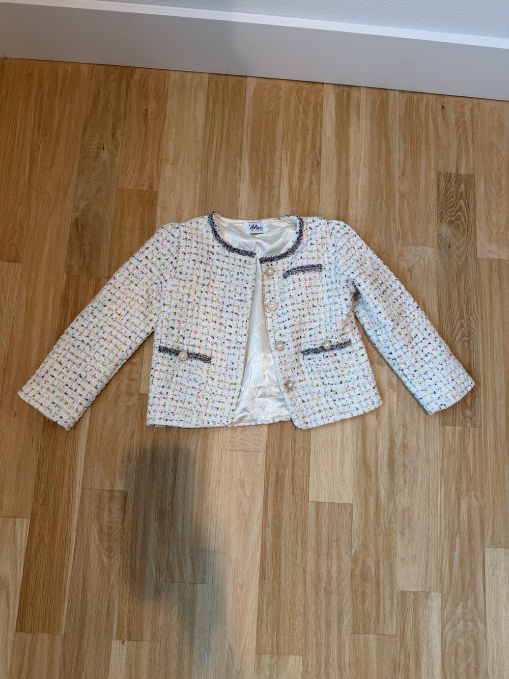 Lola + The Boys White Tweed Pearl-Button Jacket with Multicolor Flecks